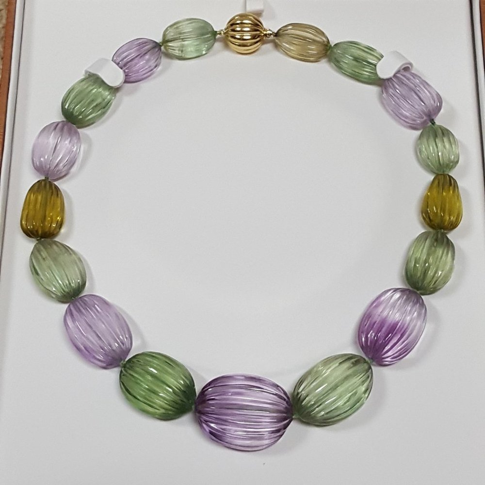 Purple and Green quartz necklace - gold clasp